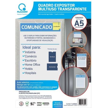 Imagem de QUADRO EXPOSITOR MULTIUSO, A5, PLÁSTICO, QMA5, PREMIUM, TRANSPARENTE, PLASCONY - PT 1 UN