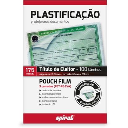 Imagem de PLÁSTICO PARA PLASTIFICAÇÃO, 175 MICRAS, 66MM X 99MM X 0,07MM, TITULO DE ELEITOR, SPIRAL - PT 100 UN