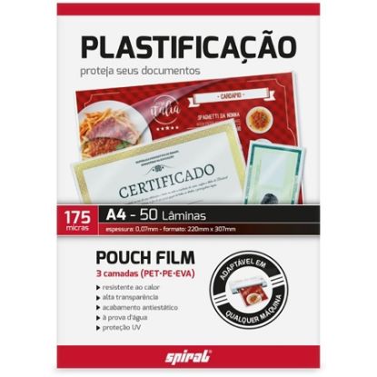 Imagem de PLÁSTICO PARA PLASTIFICAÇÃO, 175 MICRAS, 220MM X 307MM X 0,07MM, A4, SPIRAL - PT 50 UN