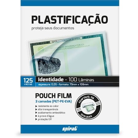 Imagem de PLÁSTICO PARA PLASTIFICAÇÃO, 125 MICRAS, 79MM X 108MM X 0,05MM, IDENTIDADE, SPIRAL - PT 100 UN