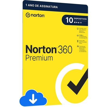 Imagem de NORTON ANTIVÍRUS 360 PREMIUM 10 DISPOSITIVOS, LICENÇA 12 MESES, DIGITAL DOWNLOAD, NORTONLIFELOCK - 1 UN